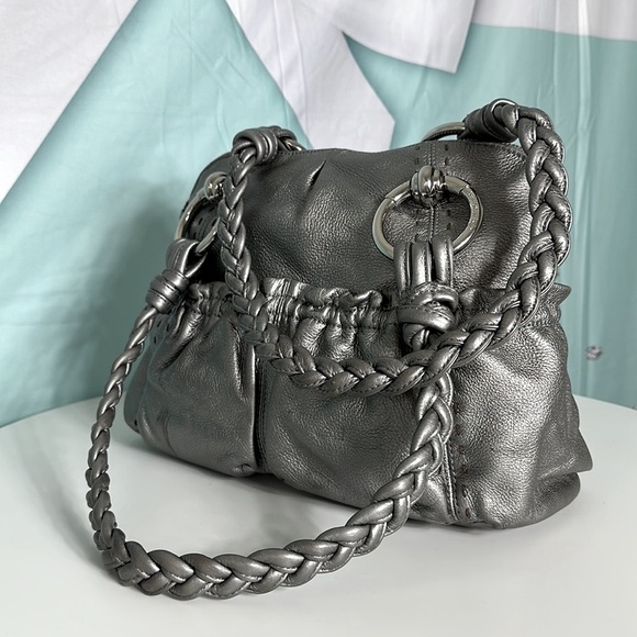Makowski Handbags - B. MAKOWSKI Pebbled Leather Hobo Bag A211928 Grey Pockets Braided Straps Classic